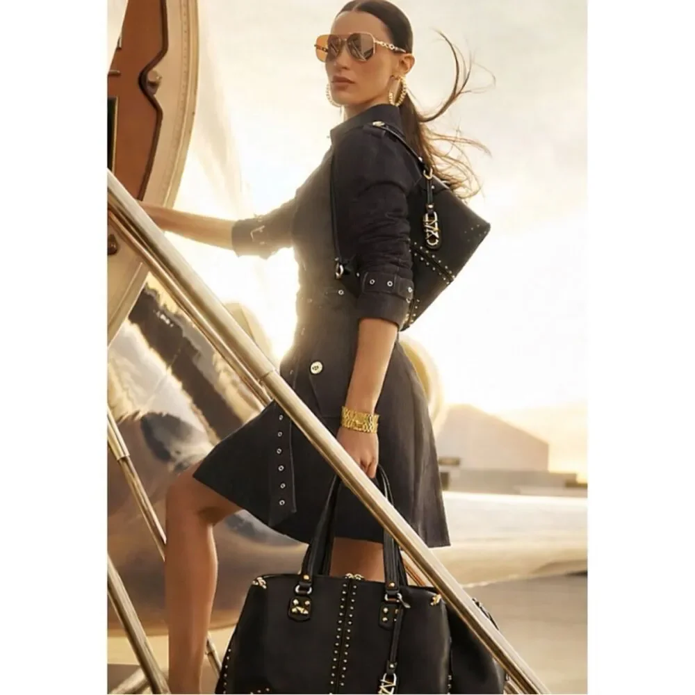 MICHAEL KORS Astor Large Studded Leather Shoulder Bag ~ GOLD HARDWARE Pristine